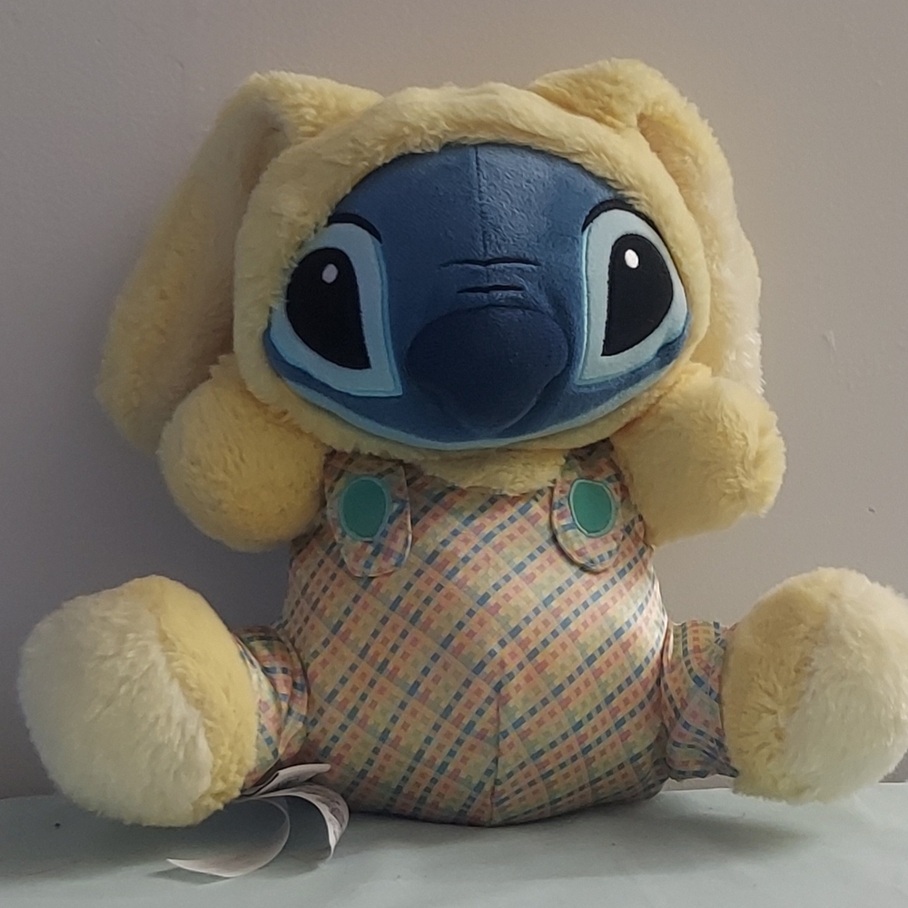 Blue Character Plush in Yellow Bunny Outfit with Plaid Overalls